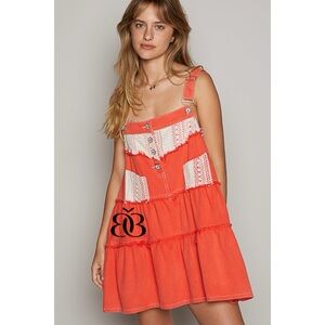 POL Coral Red Denim & Crochet Patch Tiered Skirtall Mini Dress